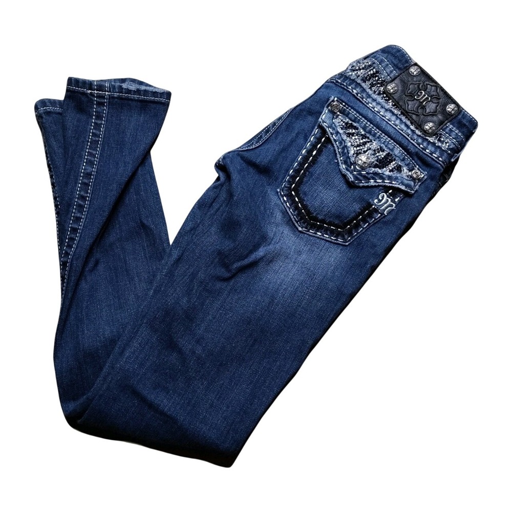 Miss Me Low Rise Crystal Skinny Jeans Womens 26 Blue Embellished Sequin